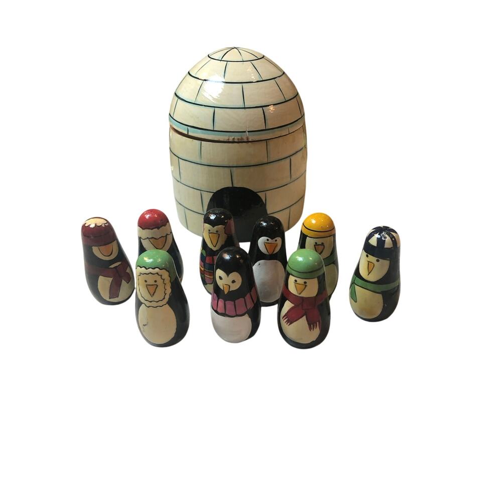 Vintage 9 Penguins in an Igloo Similar to nesting Box Hand Painted Handcrafted